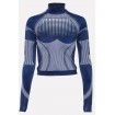 Blue High Neck Long Sleeve Stripe Printed Sports Tee Top