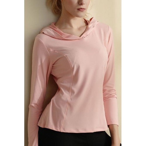 Pink Hooded Long Sleeve Workout Sports Tee